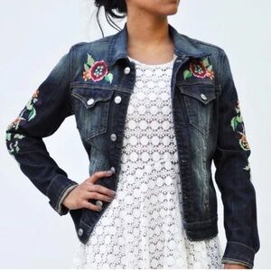Driftwood Floral Embroidered Boho Western Jean Jacket Dark Denim